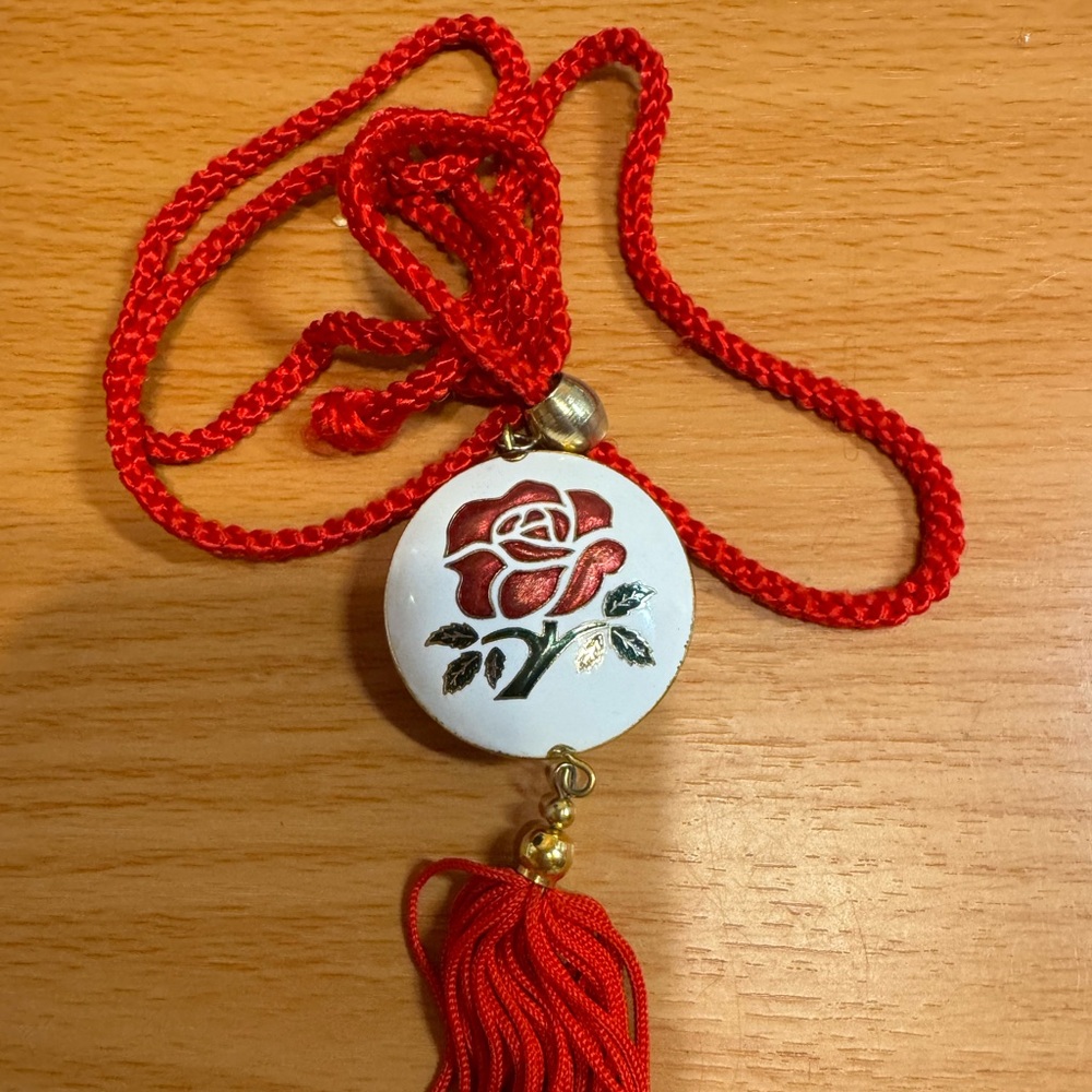 Rare Vintage Red Rose Cloisonné Pendant Necklace
